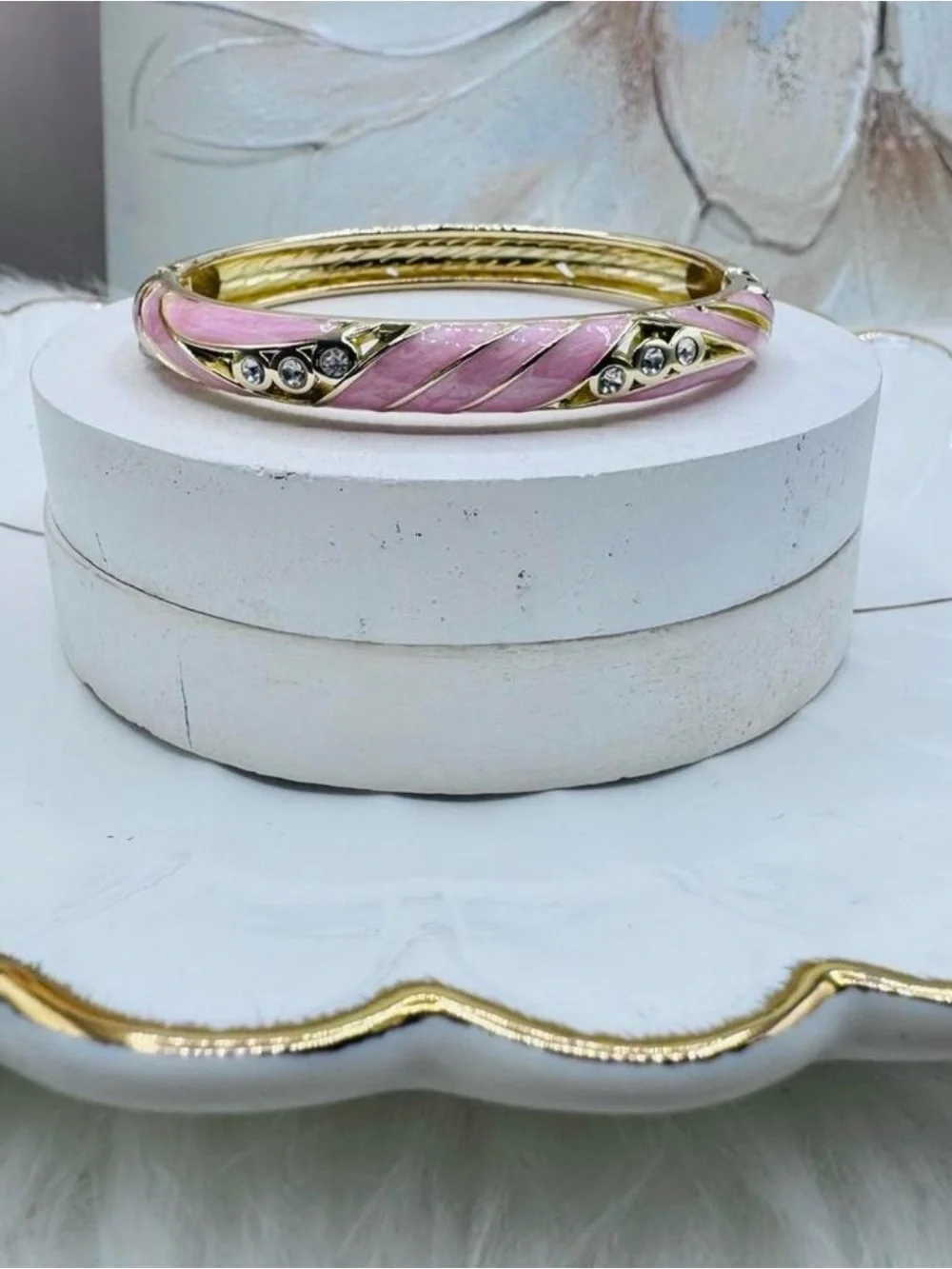 Gold-Tone Pink Enamel and Crystal Hinged Bangle Bracelet